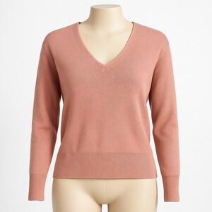 Rose‎ Pink V Neck Ribbed Knit Sweater Long Sleeve L Preppy Classic Minimalist